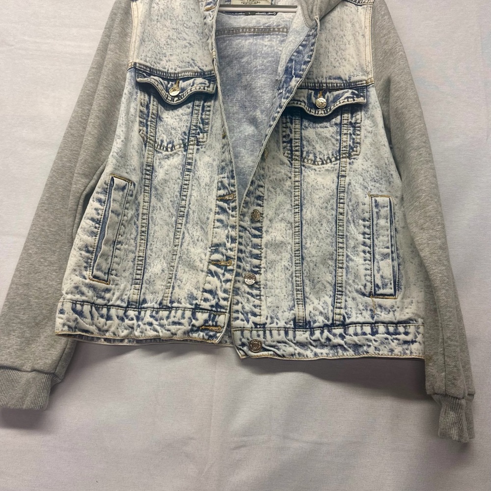Denim and Gray Hooded Jacket Ashley- Vintage Charm Hooded Jean Jacket Size L